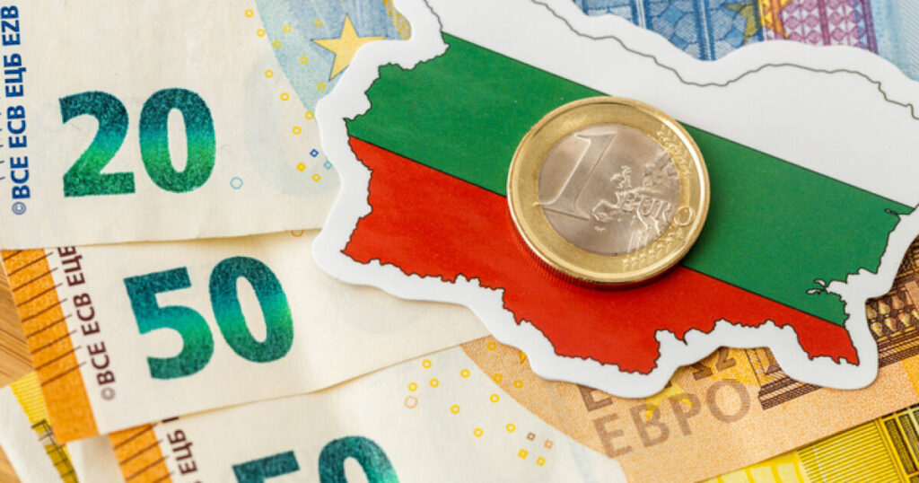 Flag and contours of Bulgaria against the background of euro banknotes, Creative concept, the accession of Bulgarians to the euro area