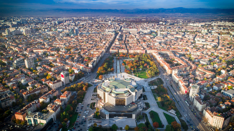 Beautiful aerial drone shot of national palace of culture in Sofia city downtown in autumn